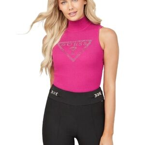 GUESS Hot Pink Rhinestone Logo Mock Neck Tank